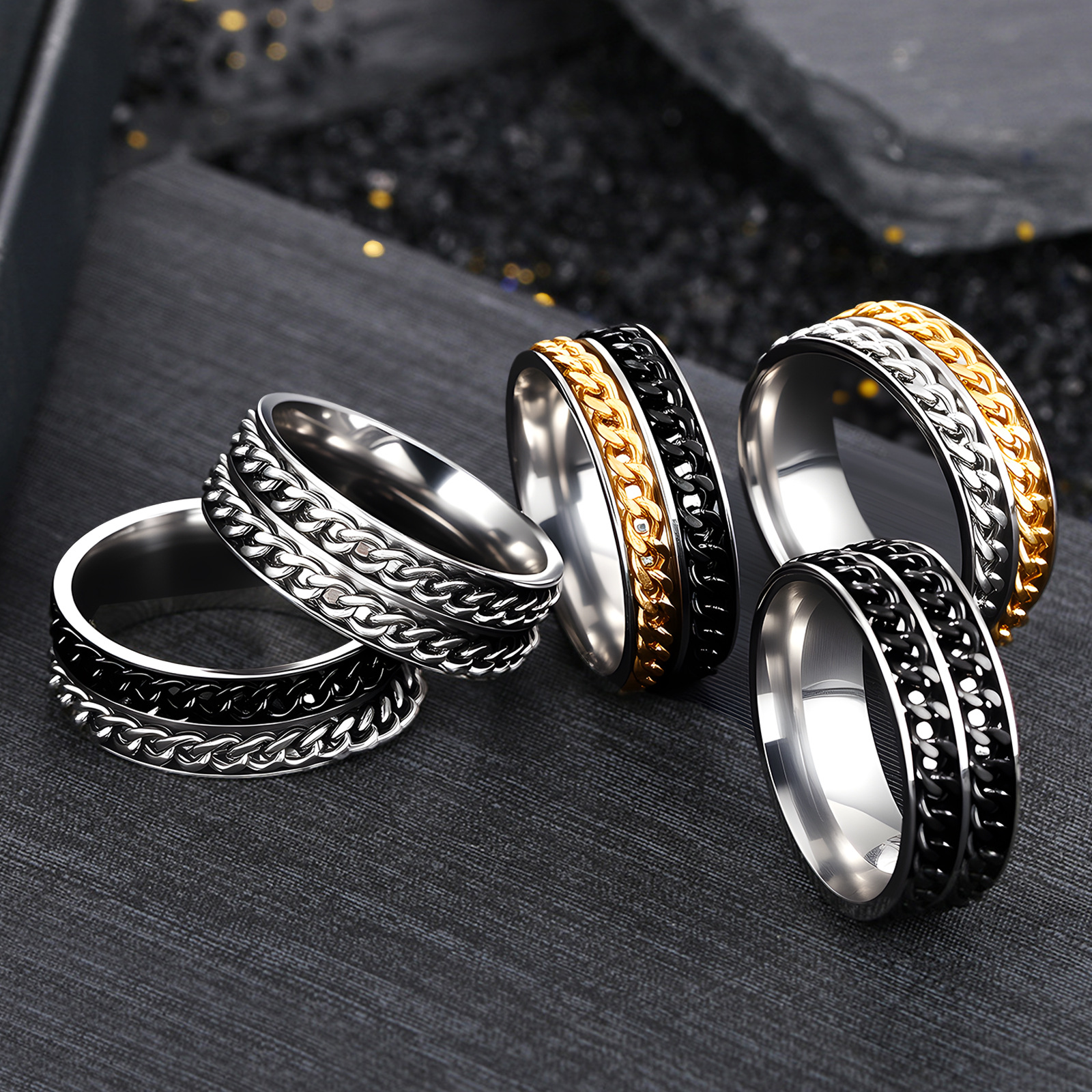Factory direct sales of men's titanium steel double-chain rotating rings, cross-border rotating stress-relieving accessories, cross-border jewelry wholesale Application Scenario
