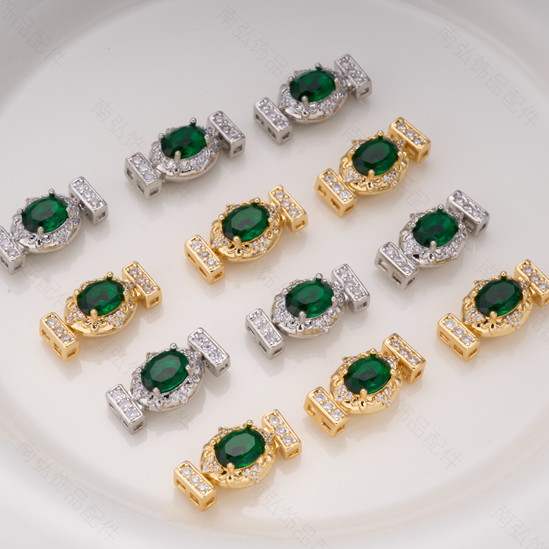 Pearl necklace studded with zirconium green zircon, court ingot, press buckle, connecting buckle, sweater chain, diy accessory details Picture