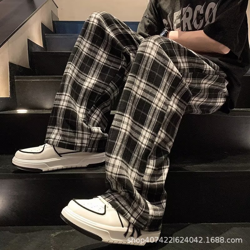 American high street checkered pants, men's trendy retro brand loose straight-leg pants, versatile casual pants, wide-leg long pants, trendy Specification image
