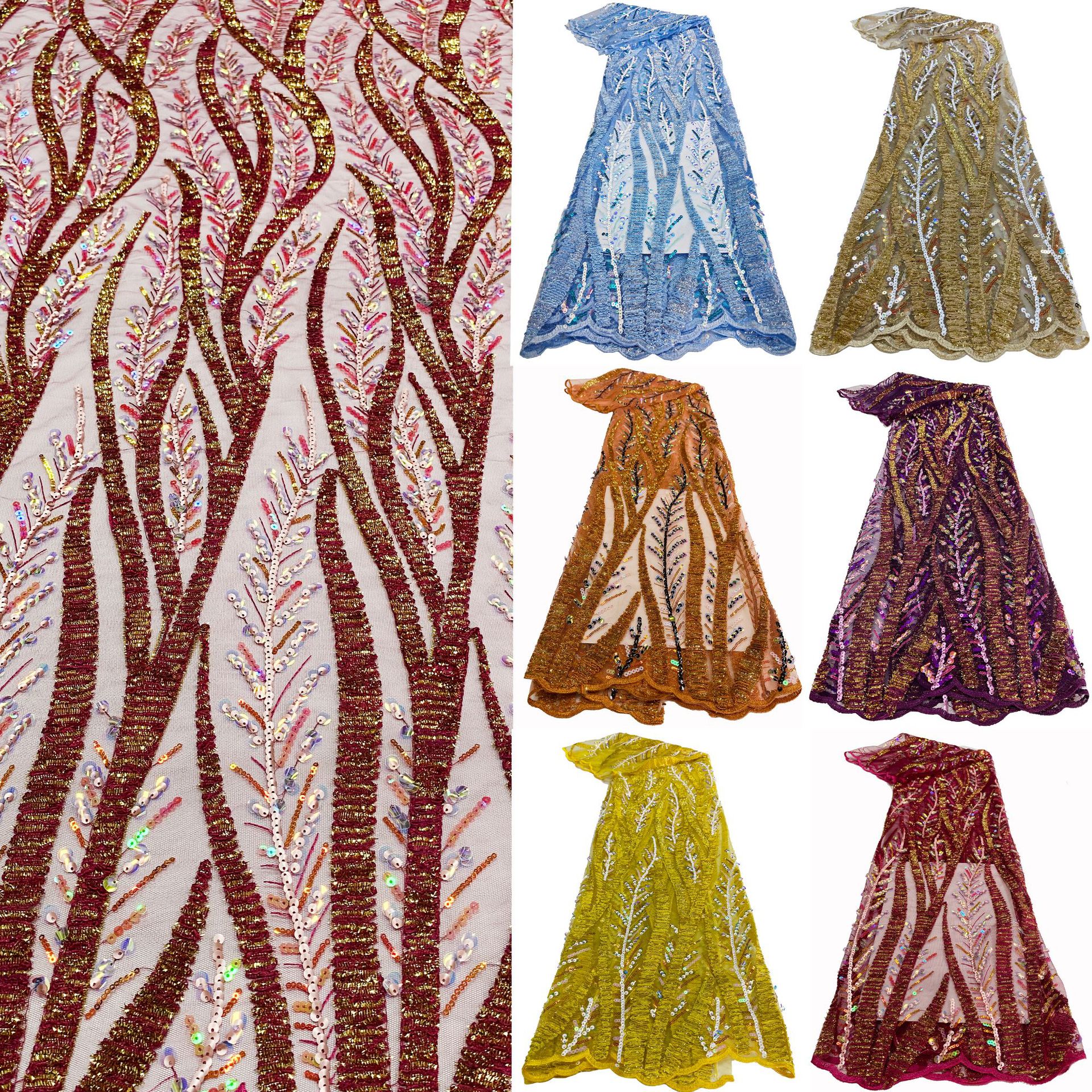 New African and Middle Eastern branch mesh fabric, sequined multi-color embroidered lace fabric beadslace in stock details Picture
