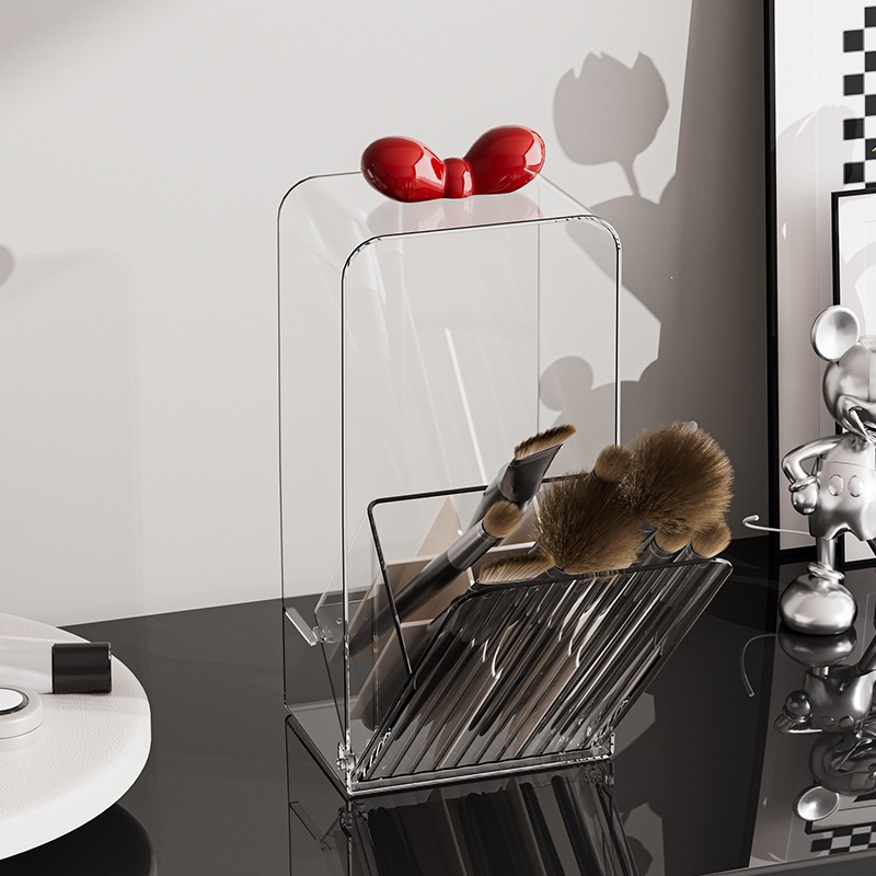 PET desktop makeup brush storage rack, flip-top eyebrow pencil and eyeshadow brush storage rack, mouth red lip gloss compartmentalized storage box Specification image