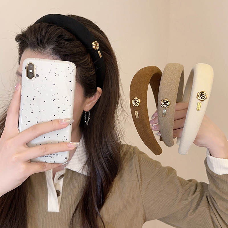 美拉德复古山茶花发箍女法式海绵高颅顶头箍百搭外出洗脸压发发饰