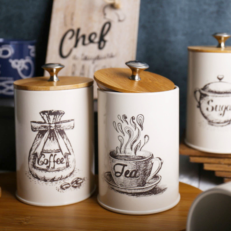 竹盖密封咖啡糖茶叶储物罐套装3件套创意密封防潮厨房密封罐