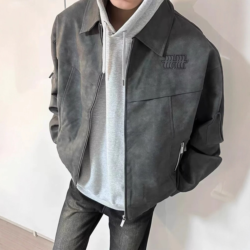 cleanfit American retro lapel leather jacket for men, spring and autumn, high-end and trendy short flight jacket for men