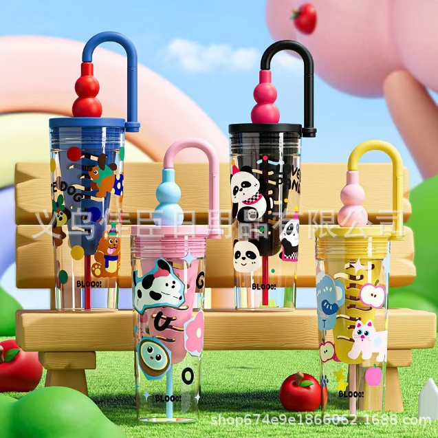 New creative dopamine plastic cups for men and women, high appearance level straw cups, handle sports water bottles, filter screens, flower tea cups full figure