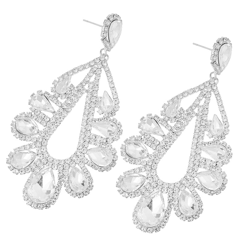 Factory wholesale cross-border jewelry earrings, colored rhinestones, teardrop-shaped earrings, women's fashionable and trendy pendants, rose red earrings and accessories Specification drawing