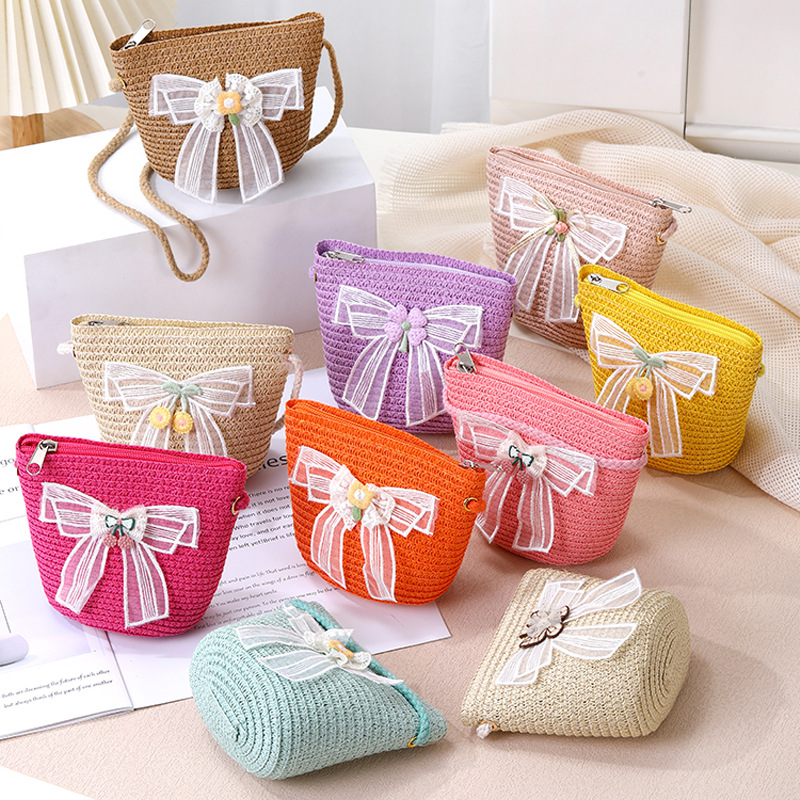 Seaside beach straw bag woven bag 2025 New style bow straw woven children's bag, cute crossbody small bag for girls, summer Specification image