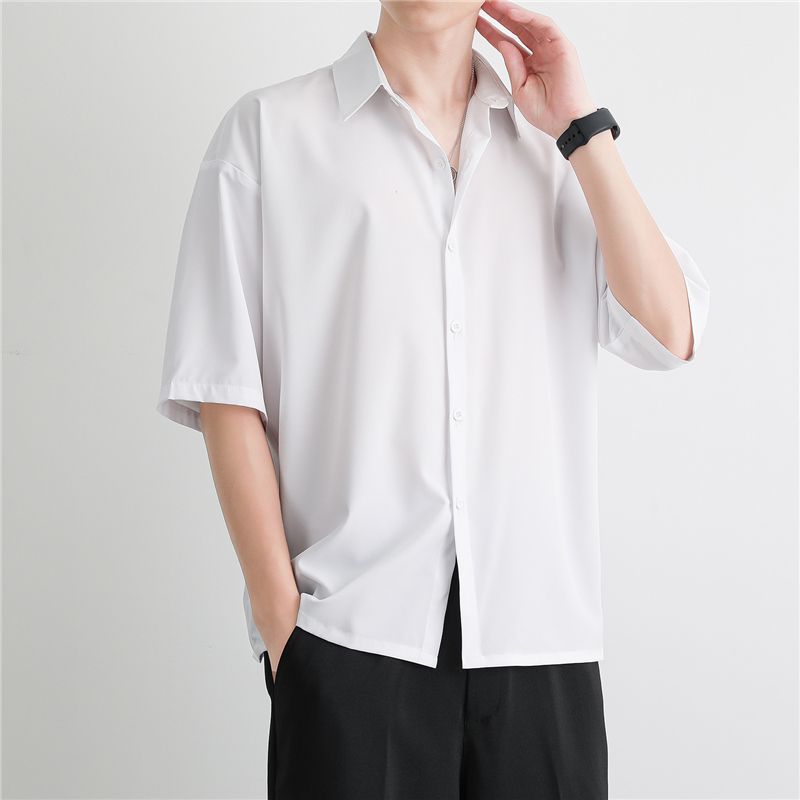 Summer ice silk thin short-sleeved shirt for men, new high-end drape loose casual five-and-a-half-sleeved shirt for men