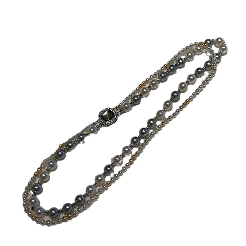 A high-end, perfectly round and flawless double-layered retro Shijia imitation pearl necklace, a French high-end light luxury mixed color necklace Item Picture