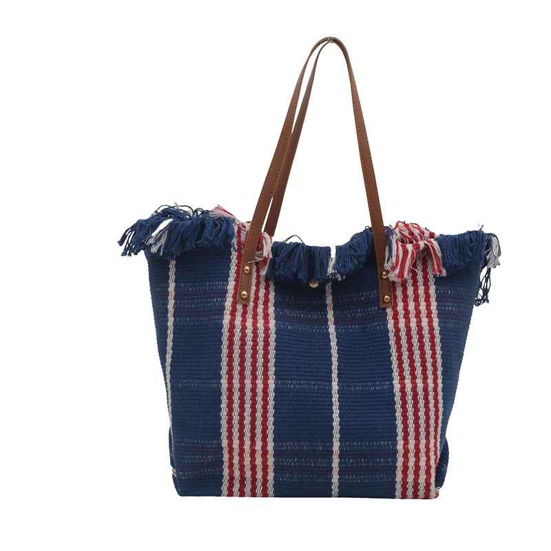 Cross-Border Canvas Bag, Fringed Handbag, Large-Capacity Portable And Simple Tote Bag, Commuting Fringed Bag, Retro Checkered Fabric Handbag, Single-Shoulder Handbag, Tote Bag, Women's Canvas Bag Item Picture
