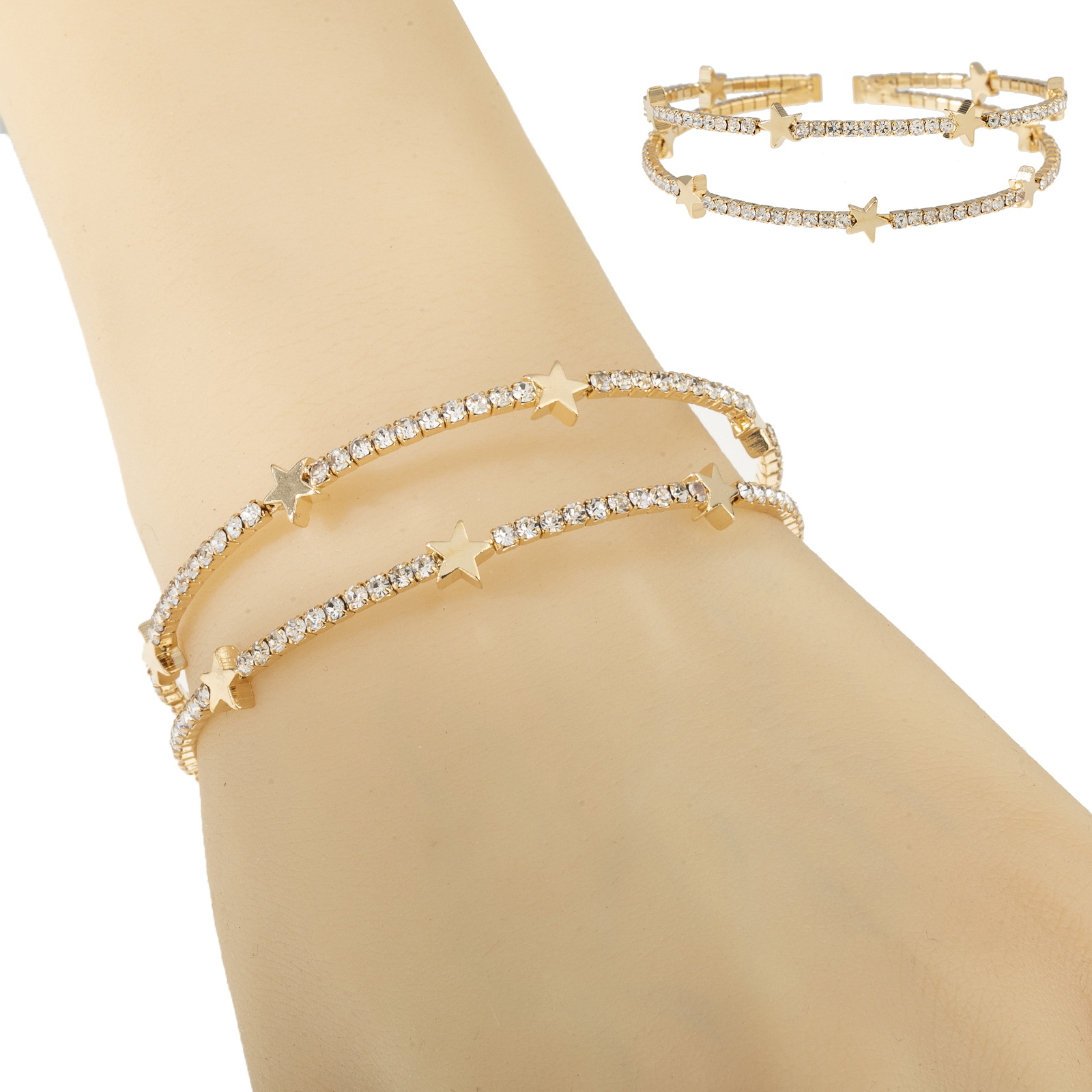 Wholesale of fashionable cross-border European and American claw chain 2-row water diamond star bracelet, steel wire elastic full diamond three-dimensional bracelet and jewelry details Picture