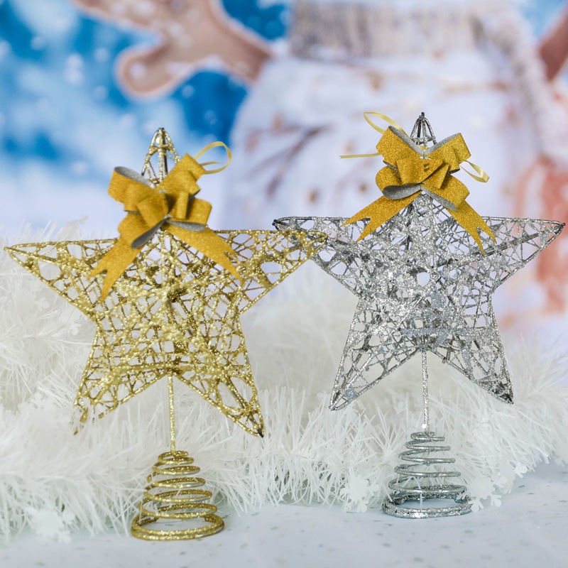 跨境供应棉线撒粉树顶星铁艺五角星LED发光圣诞树装饰树顶灯圣诞