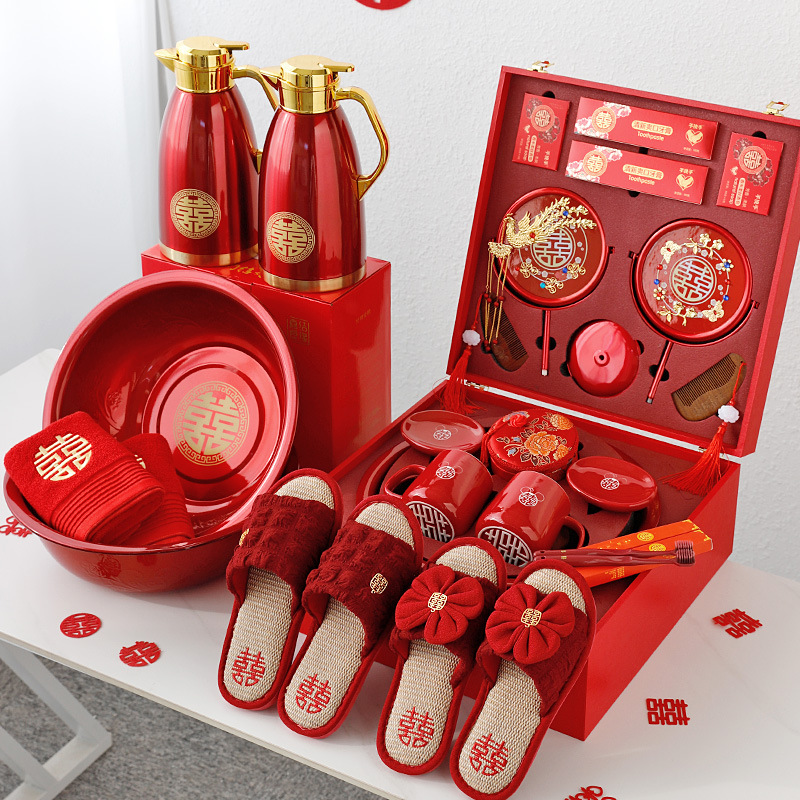 A complete set of wedding supplies for the bride's wedding preparation and dowry, including wedding slippers, wedding washbasins, toiletries, cups and dowry boxes Specification image