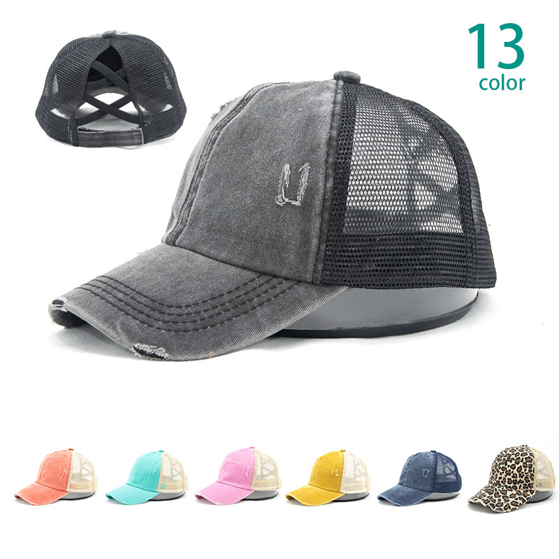 爆款厂家直销批发交叉马尾棒球帽女外贸春夏秋防晒水洗破洞网帽子