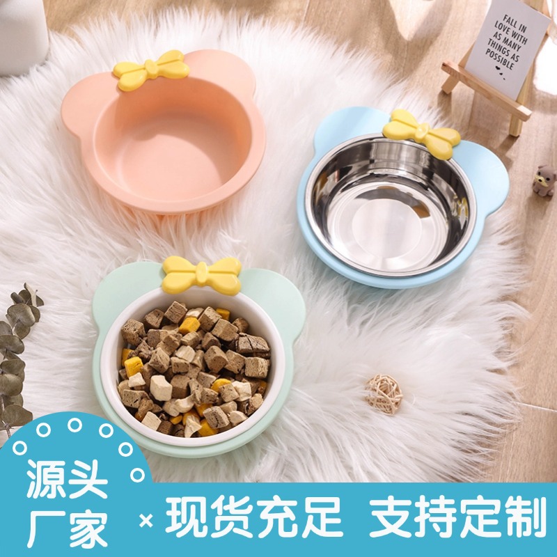 Wholesale mini bow single bowl, double-layer stainless steel cat bowl and dog bowl, anti-slip and shock-resistant pet feeder in stock