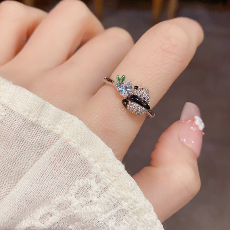 Korean-style, fashionable, cute and versatile all-diamond bear open-mouth ring, unique and niche design sense, index finger ring for girls