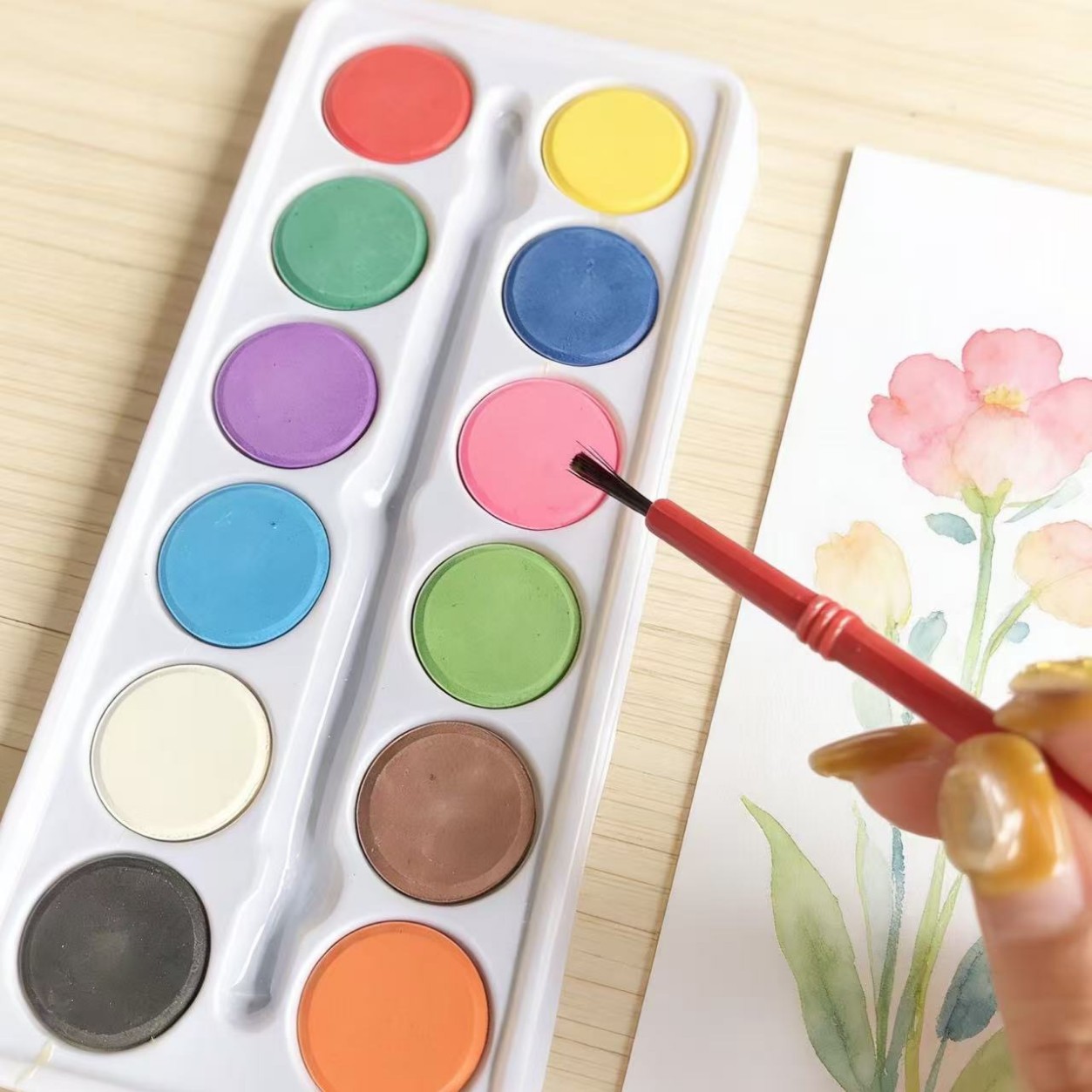 Cross-border best-selling 12-color solid powder compact, bubble shell watercolor paint, student sketching and painting paint, washable paint Specification image
