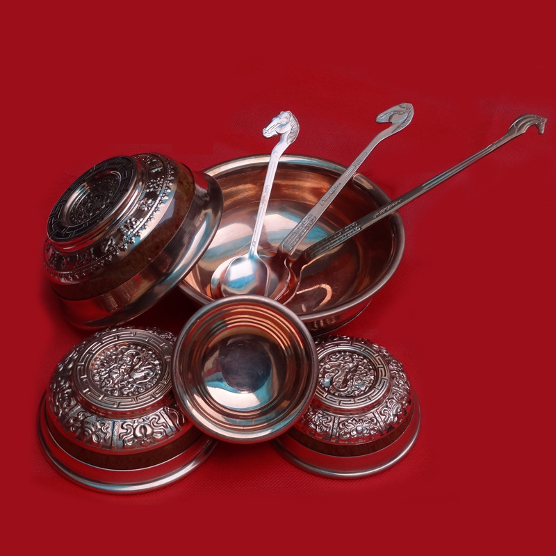 实用内蒙古纯铜碗紫铜八宝双层奶茶碗蒙餐餐具防伤手炒米碗大酒碗