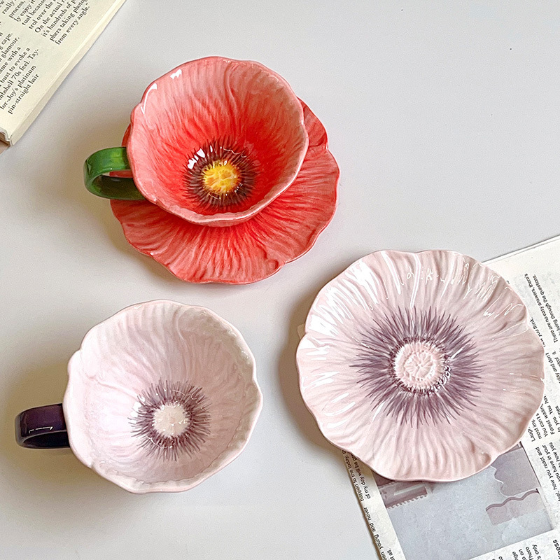 创意手绘釉下彩花朵陶瓷咖啡杯碟法式复古花瓣下午茶拿杯碟伴手礼