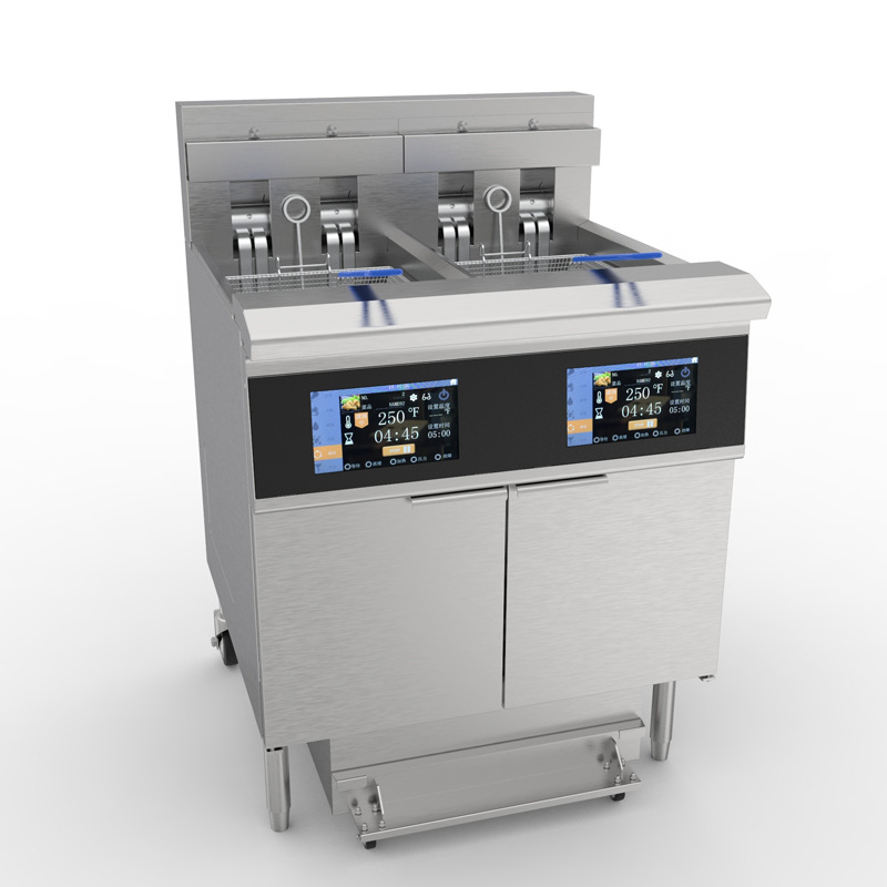 The OFE-226L touch screen deep fryer features a double-cylinder reversible flat tube heating system that is easy to clean and precisely temperature-controlled Item Picture