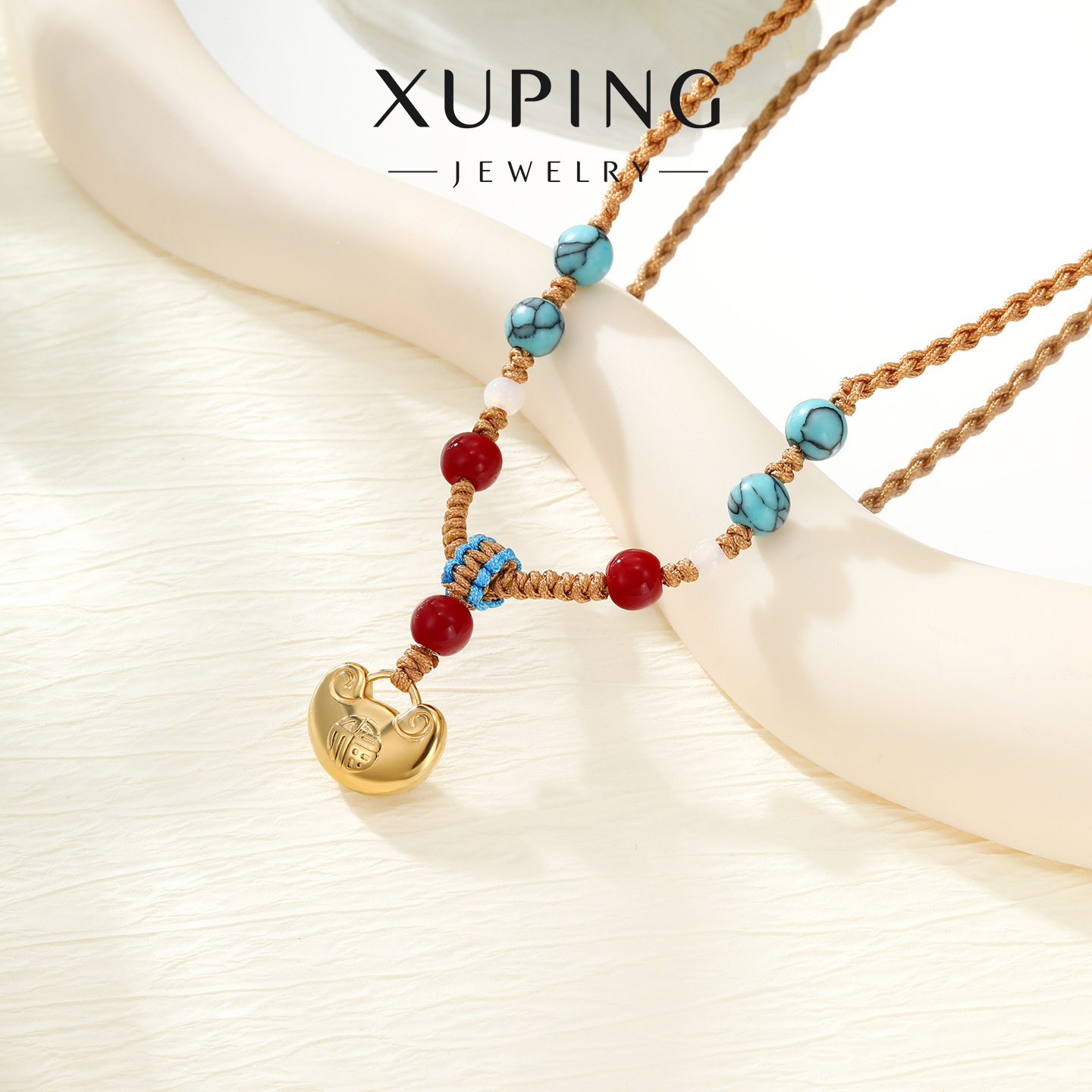 旭平手工编织抽拉可调节项链彩色串珠不锈钢仿金色元宝编绳项饰女