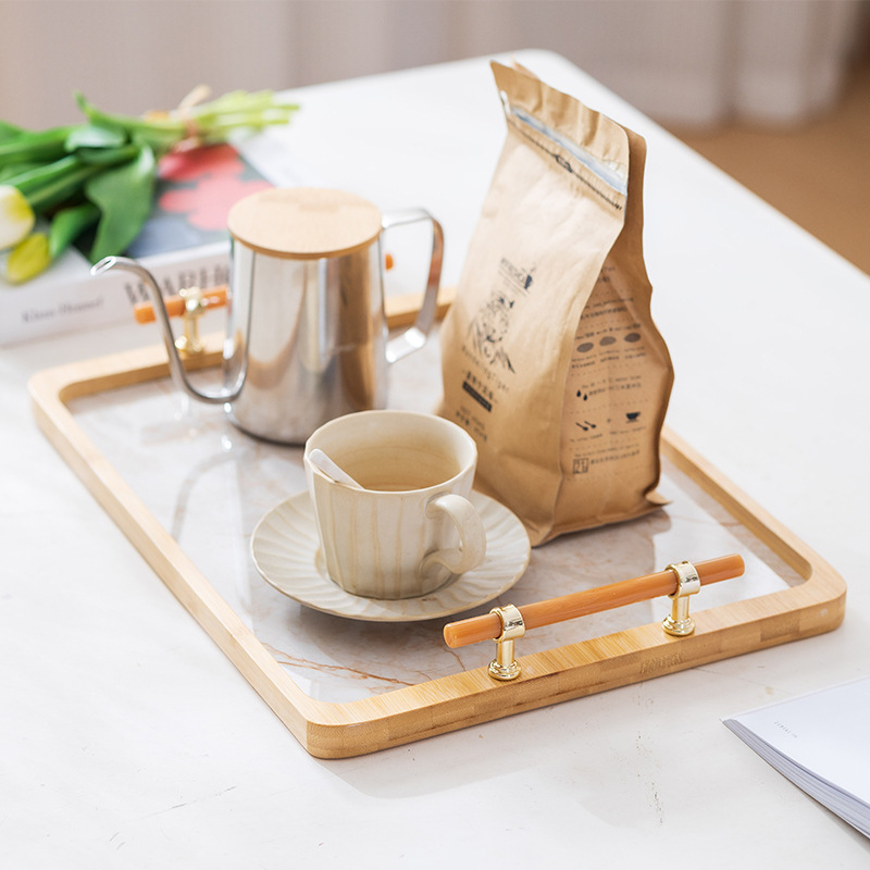 Wholesale of new bamboo and stone plastic bottom tea trays for home living room and kitchen, light luxury style tea set trays with handles details Picture