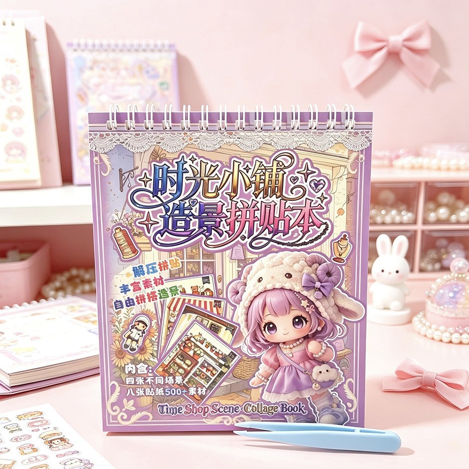 The new Time Shop landscape collage book features cute cartoon scene material stickers and little girl stickers for fun details Picture