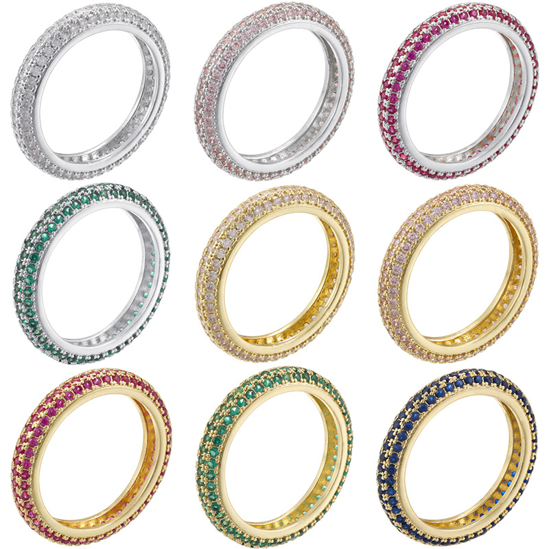 Cross-border luxury copper set colored diamond 6-8 size round ring, women's fashion versatile row diamond ring VJ849-851