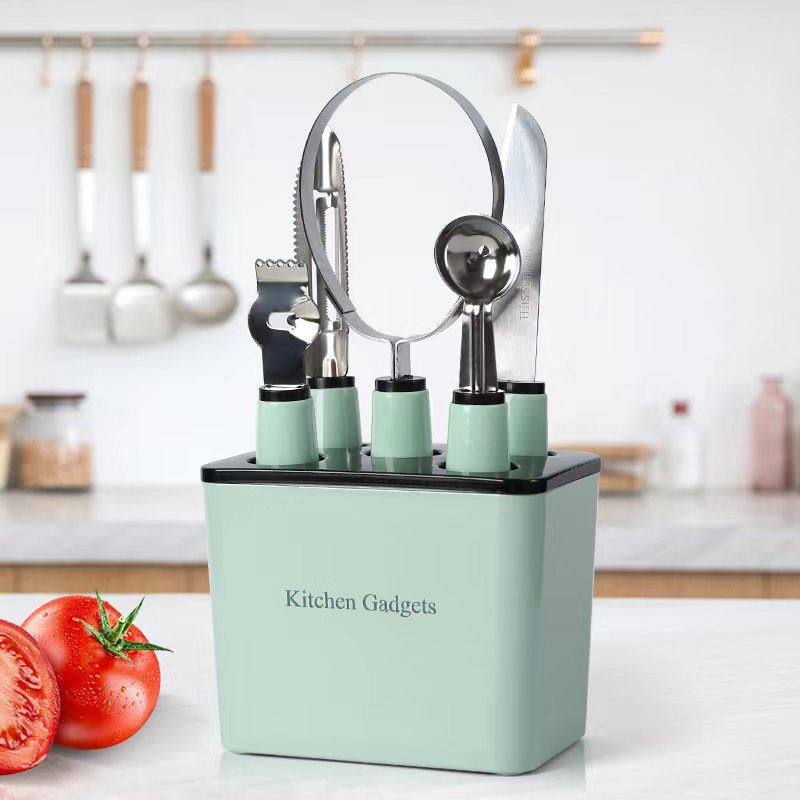 Stainless steel kitchen small tool set with storage seat, peeler, fruit knife, egg beater, baking complementary food tool combination Application Scenario