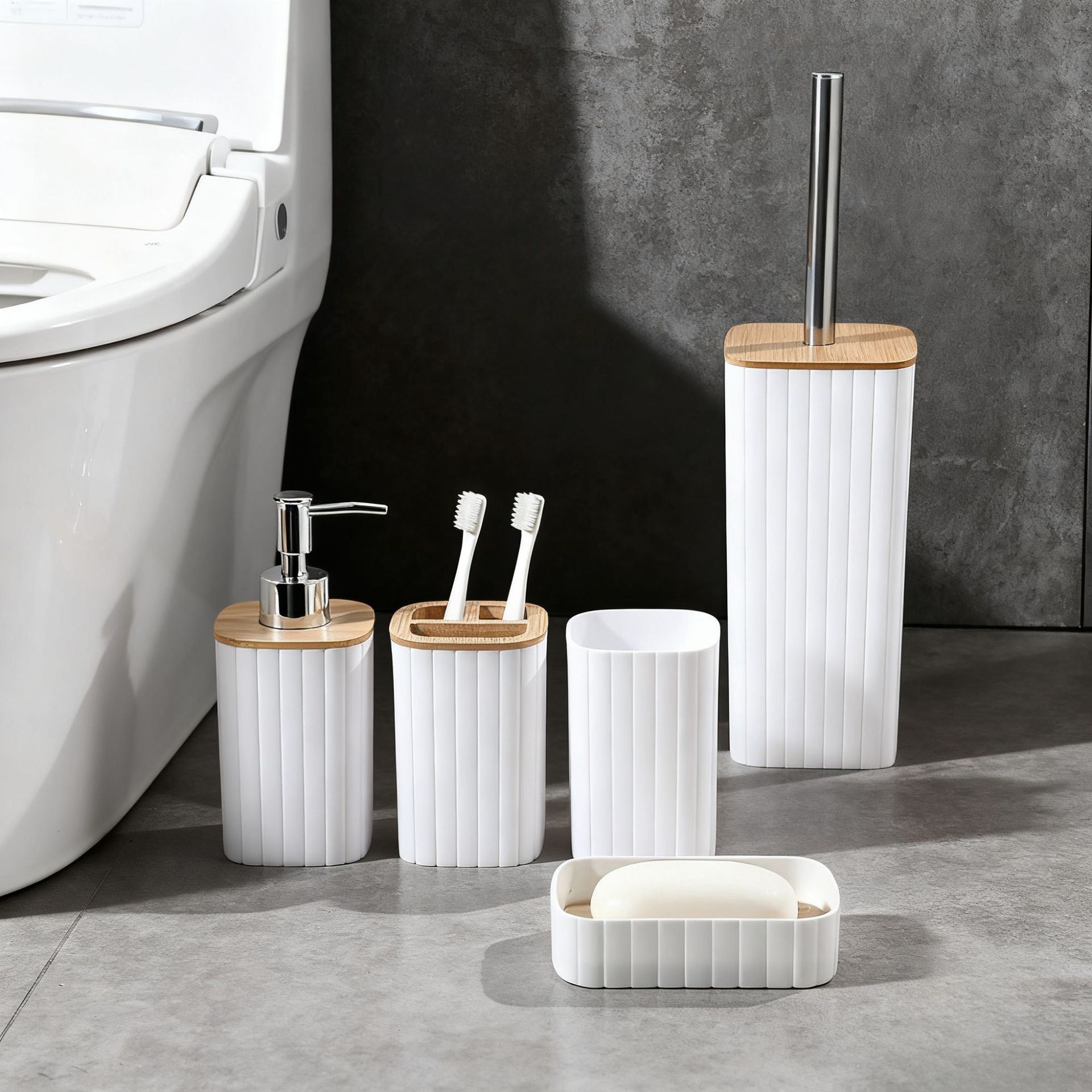 YUFEI Bamboo and Wood cover Striped bathroom and washbasin 6-piece Set, Hotel plastic washbasin storage bathroom 6-piece set