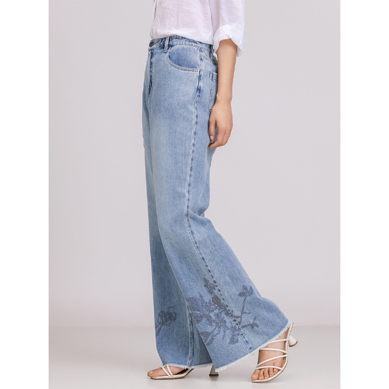 刺绣微喇牛仔裤子女高腰牛仔新款休闲牛仔阔腿长裤女款