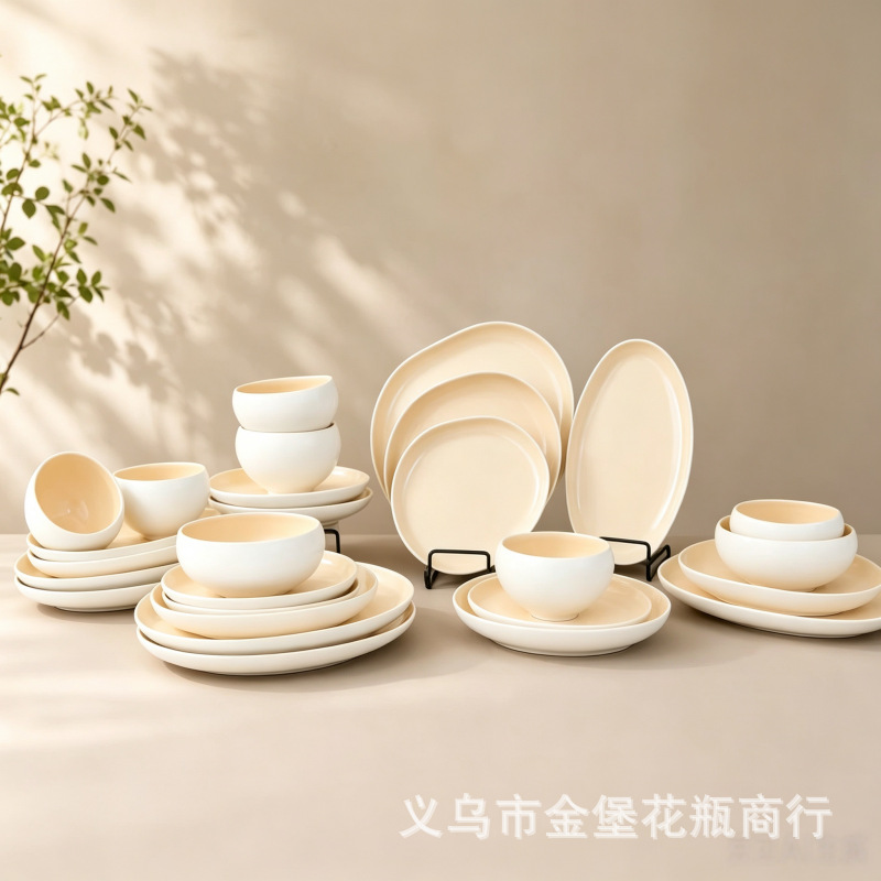 Japanese-style minimalist off-white inner glazed ceramic bowl and plate set, high appearance level, household soup bowl, oval fish plate, Western cuisine plate and platters