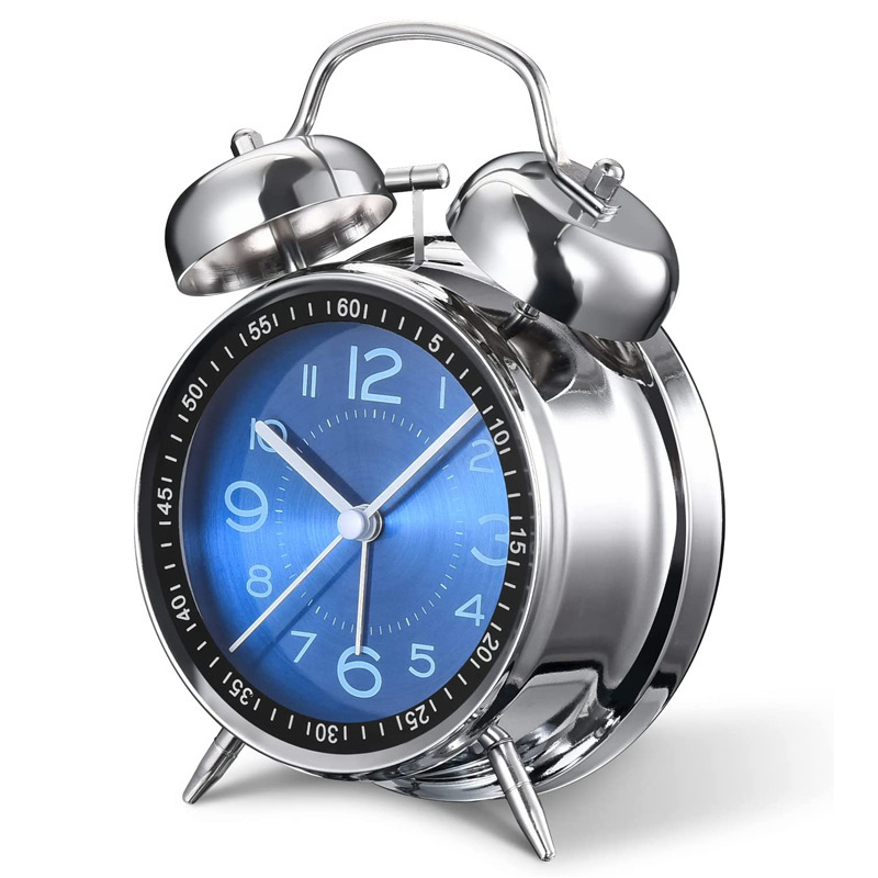 Buen pin mute clock 4 "metal belling clock escala de superficie galvanoplasta despertador doble campana mute con luz cara de aluminio Item Picture