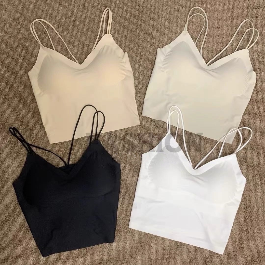 厂家批发跨境爆款冰丝无痕交叉美背内衣薄款带胸垫一体式吊带背心