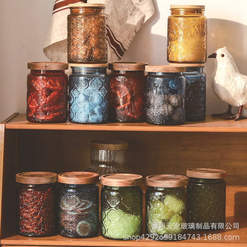 复古玻璃储物罐糖果罐茶叶罐浮雕零食密封罐五谷杂粮收纳食品罐子