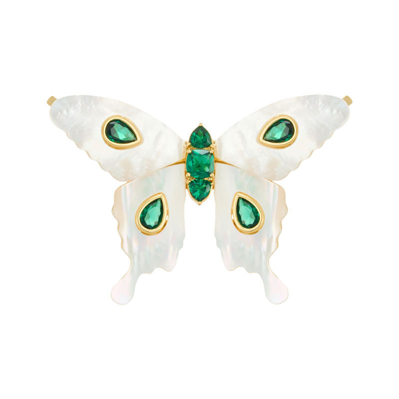 A light luxury and high-end natural mother-of-pearl butterfly brooch, an original design of copper alloy with zirconium emerald blue spinel Item Picture