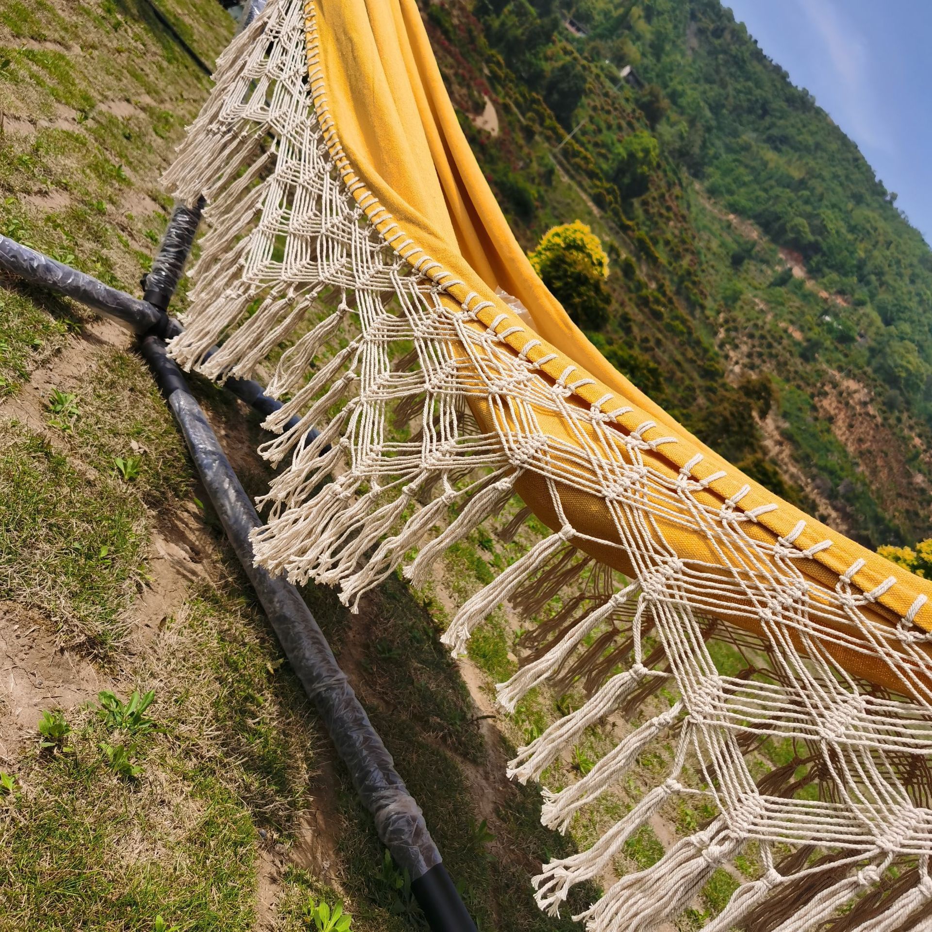 ins黄色流苏双人帆布吊床 波西米亚风摄影道具户外室内 户外吊床细节图