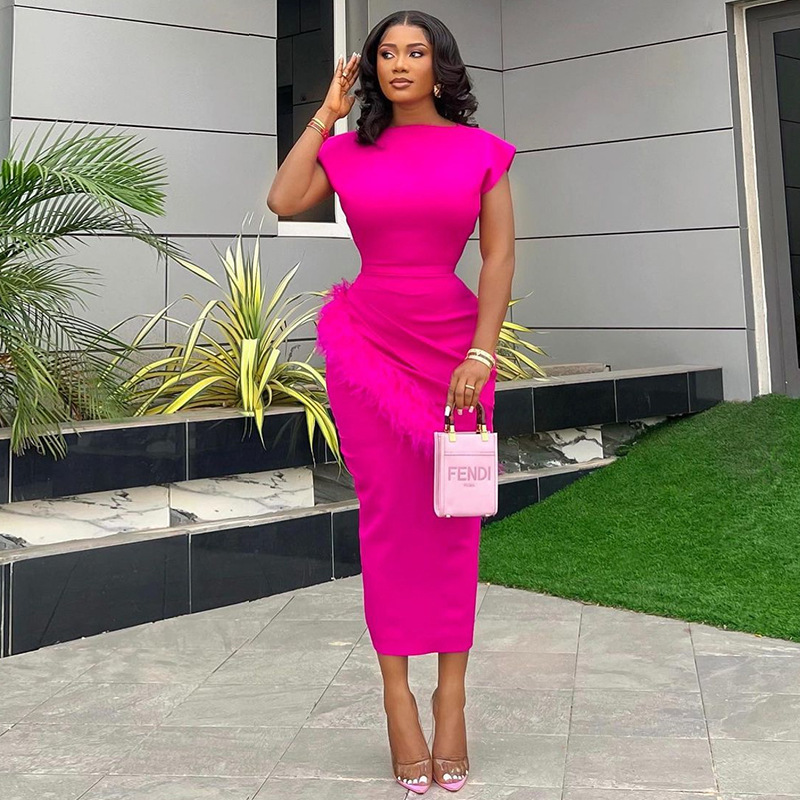 European and American cross-border women's clothing 2026 Summer new fashion short-sleeved solid color pleated frilled slim mid-length dress details Picture