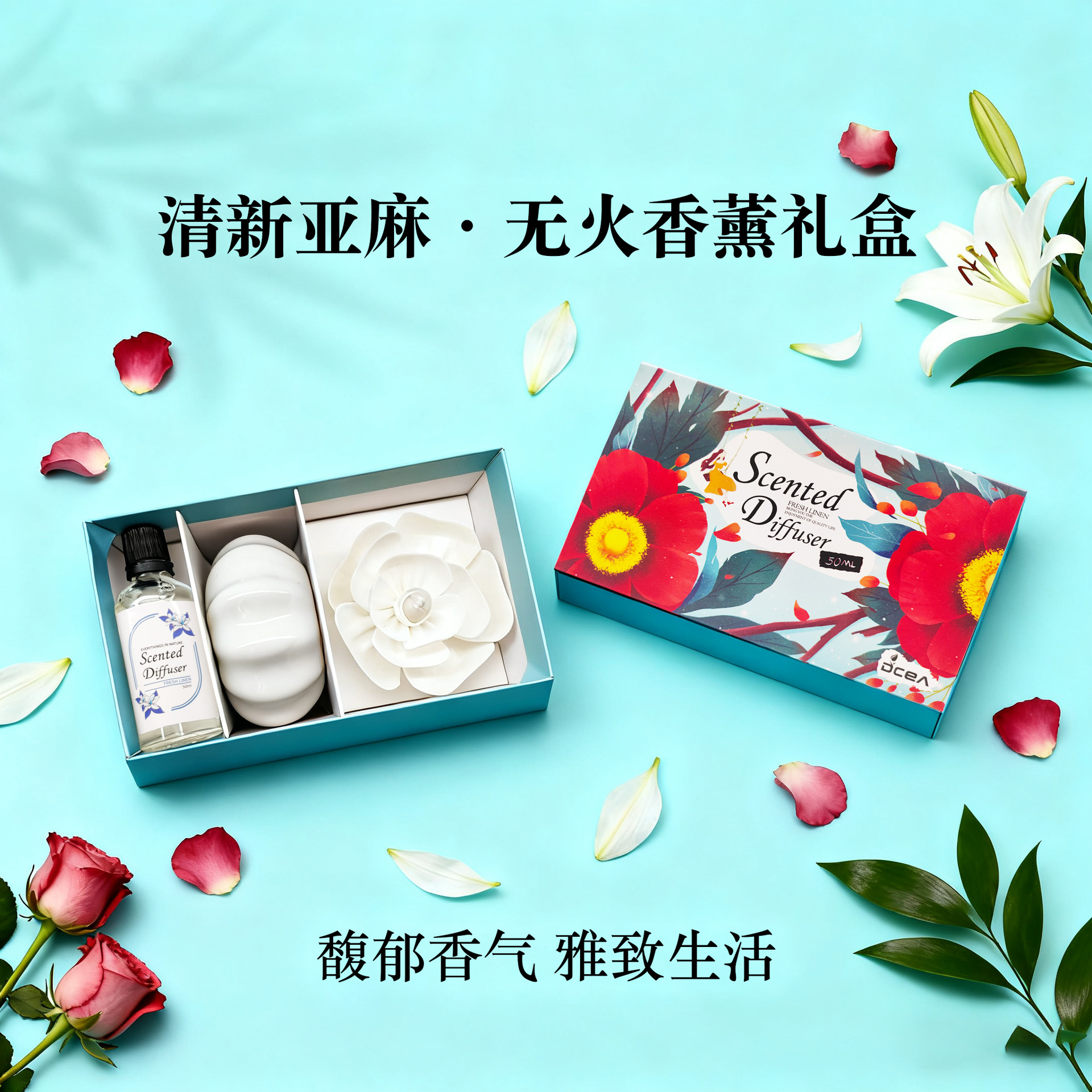 The flameless aromatherapy set exudes a sense of luxury. It is an indoor dried flower aromatherapy ornament that leaves a lasting fragrance. It is a car aromatherapy essential oil fragrance Specification image