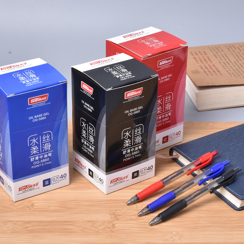 Small wholesale smooth medium oil pen press 5860 medium oil pen transparent rod red blue black medium oil pen 0.7mm Specification drawing