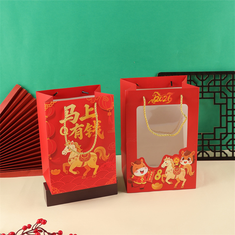 Año nuevo chino 2026 bolsa de mano del año del caballo transparente ventana acompañante bolsa de regalo de la mano bolsa de regalo de la reunión anual bolsa de regalo de la ventana roja del año nuevo Application Scenario