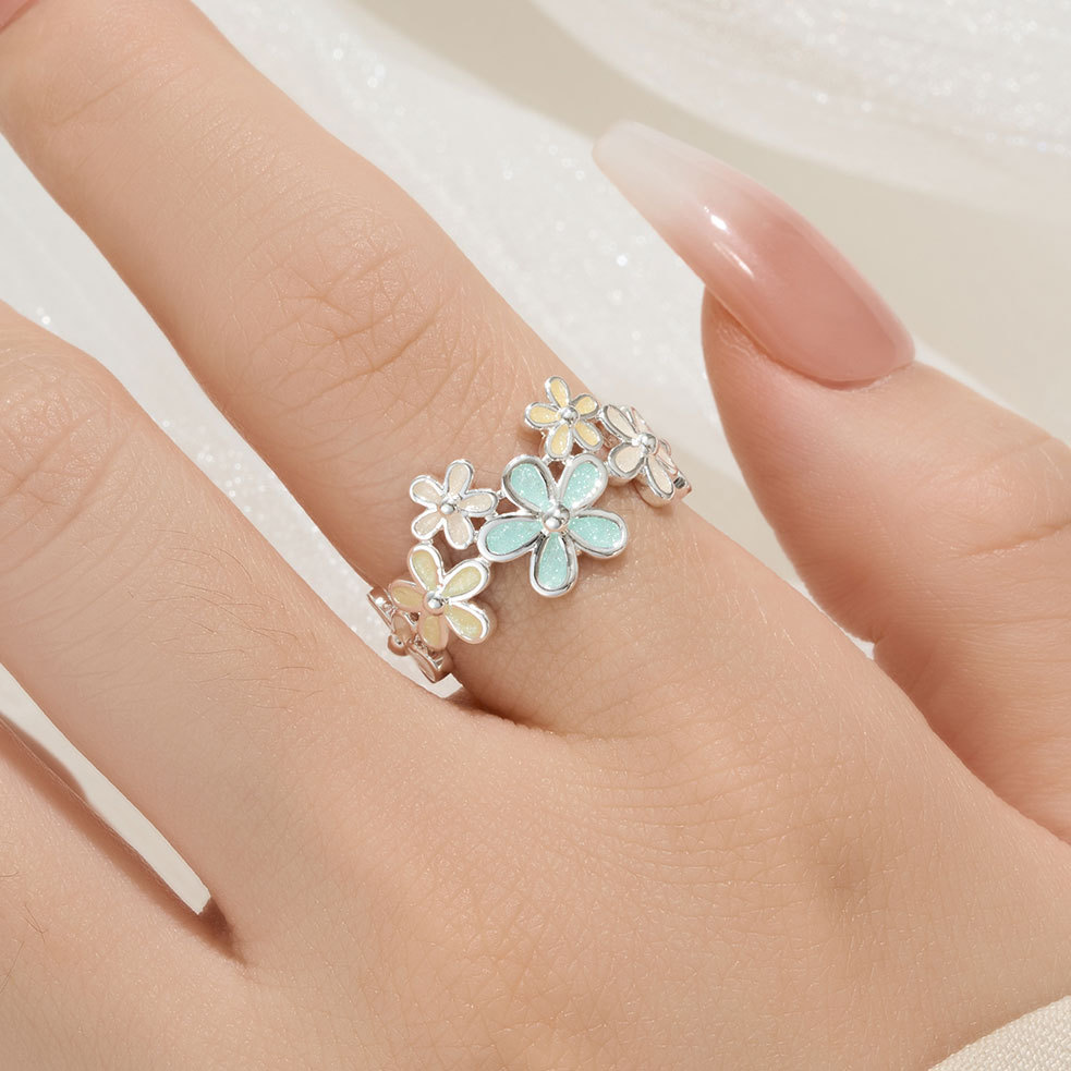 The original factory macaron glitter oil flower opening ring is fresh, sweet and high-end. Adjustable index finger ring details Picture