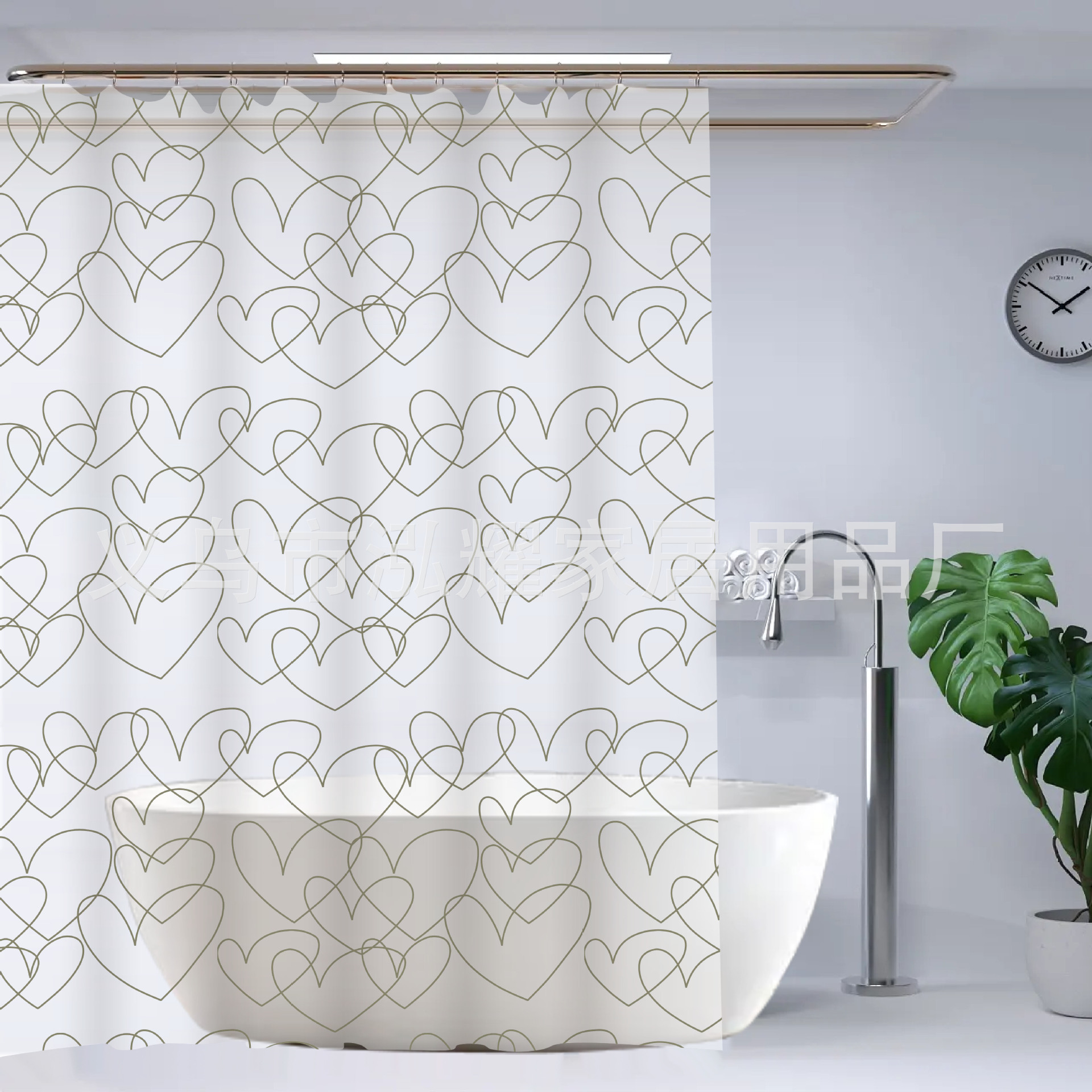 厂家现货批发爱心格子peva浴帘防水防霉浴室卫生间浴帐厕所洗澡帘