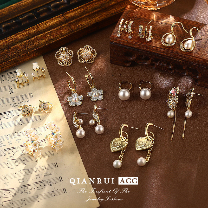 S925银针天然珍珠锆石耳钉花朵流苏多层耳环高级耳饰批发抖音爆款