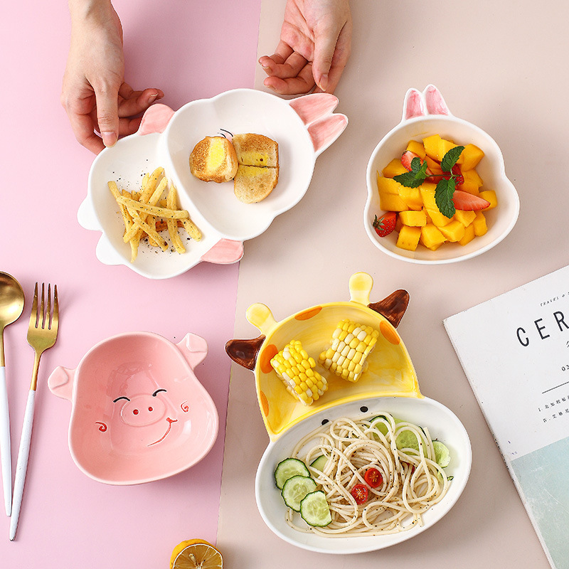 创意动物卡通盘子分餐盘陶瓷分格盘可爱早餐盘家用分隔盘儿童餐具产品图