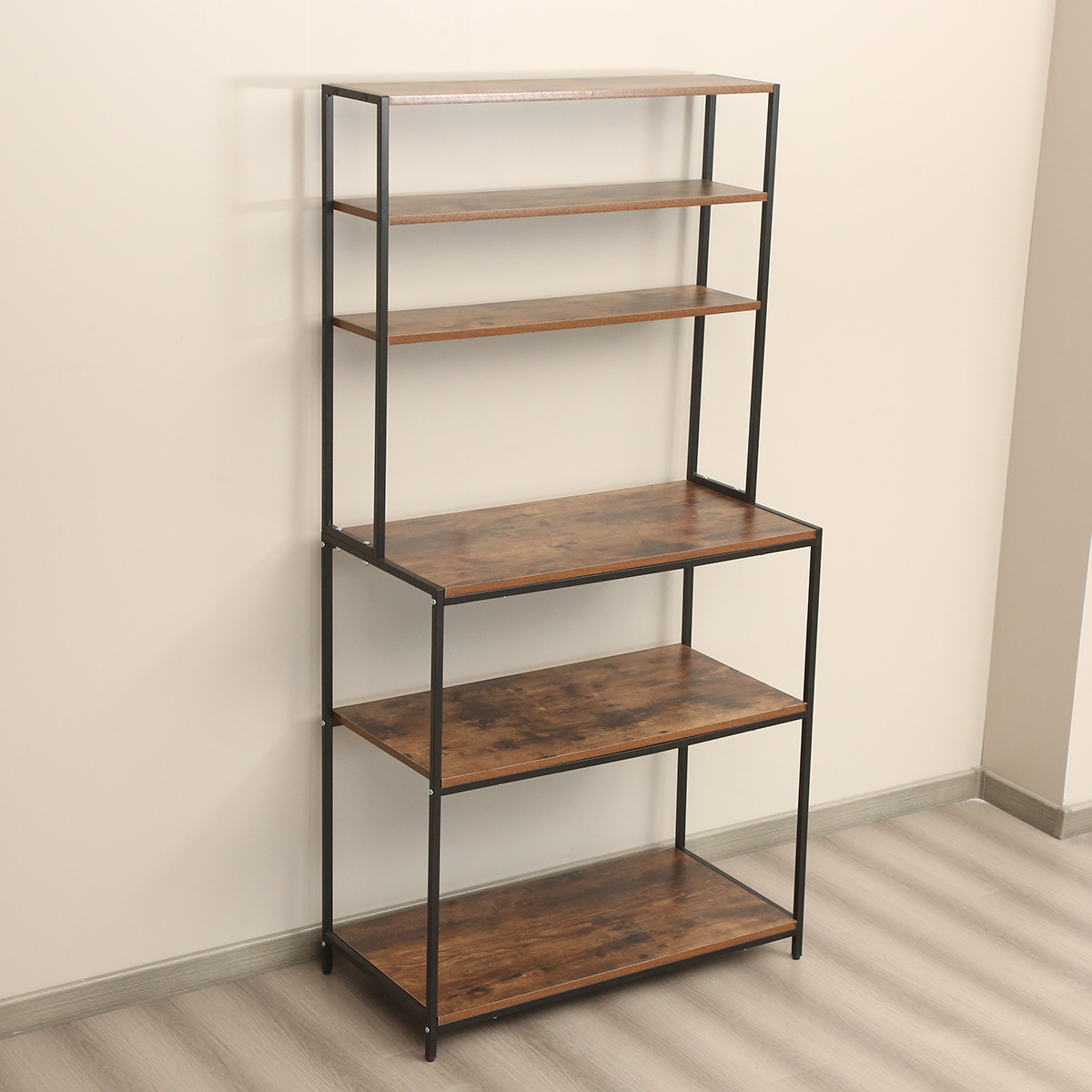 Simple and modern floor-standing multi-layer storage rack, American retro partition, ironwork and solid wood bookshelf, commercial display rack Specification image