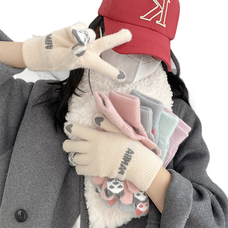 可爱熊猫触屏保暖手套冬季加绒加厚五指分指学生骑行保暖防寒毛线详情图5