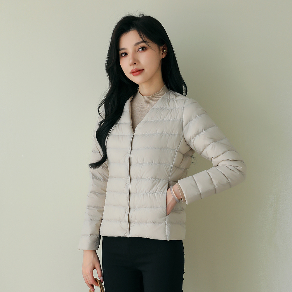 Pinghu down jacket V-neck round neck thin, light, solid color simple white duck down women's inner liner light down jacket jacket Application Scenario