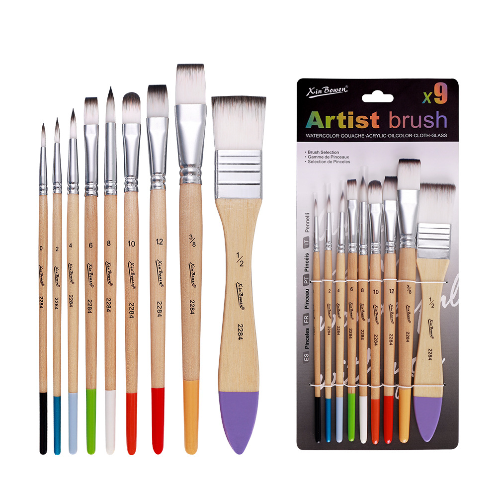 Xinbowen Cross-border Nylon Bristle 9-piece Brush Set Mixed with art supplies, beginner's painting, wall painting paint, board brush and brush Item Picture