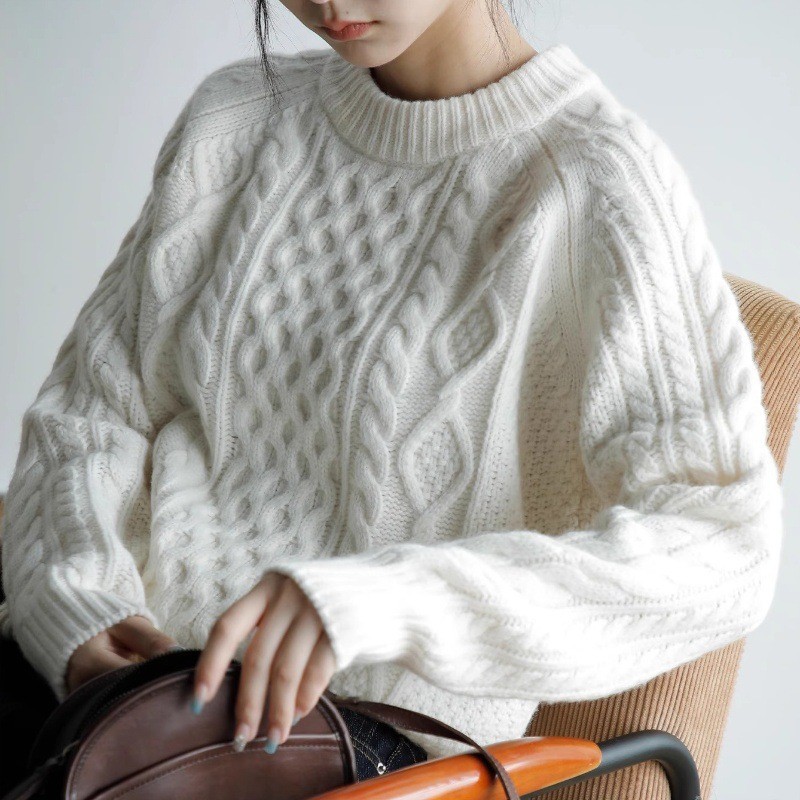 法式2025加厚100羊毛衫麻花毛衣女秋冬宽松加厚内搭羊绒打底上衣